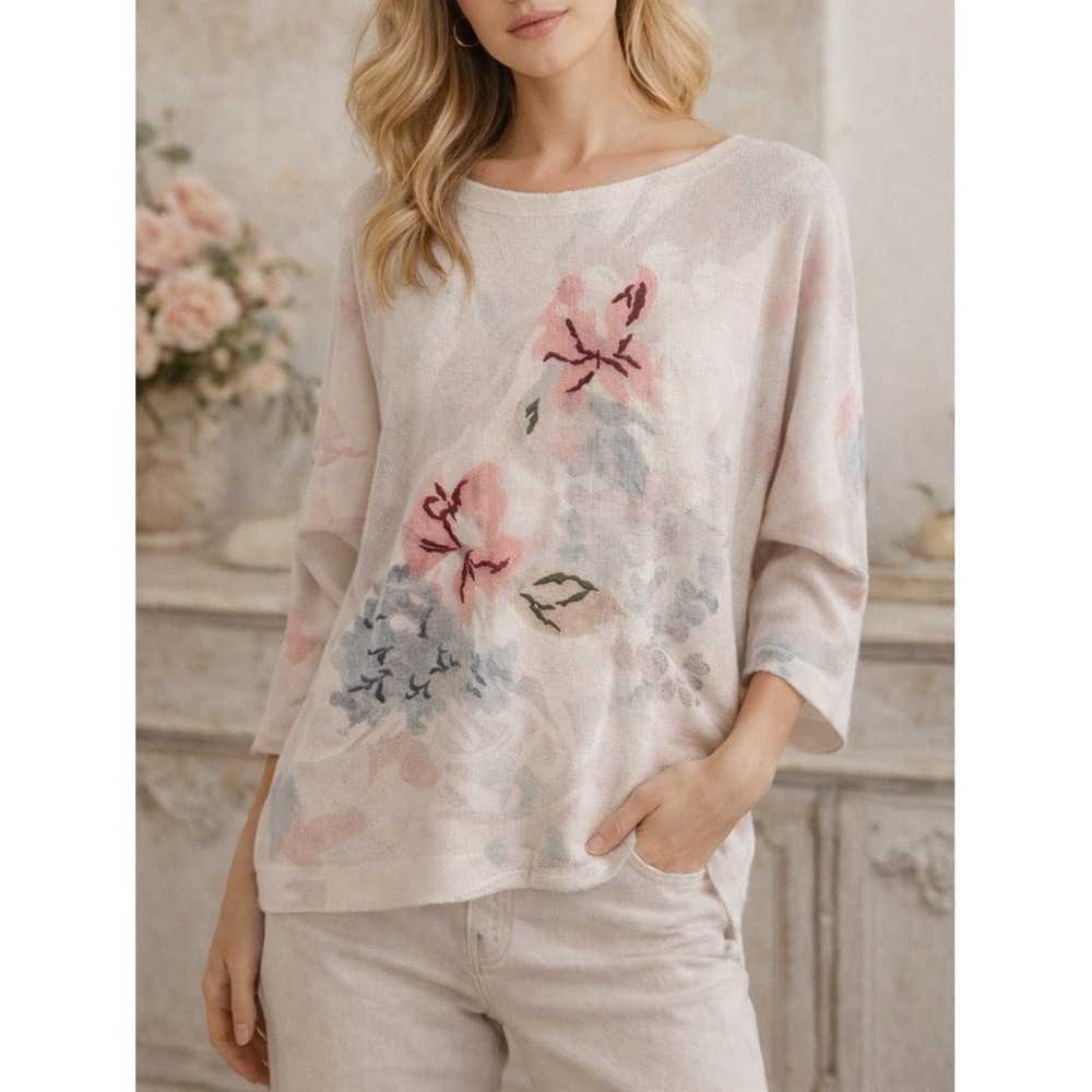 Sioni Winter White Floral Embroidered Knit Sweater Top Soft Neutral Boho M